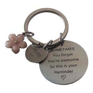 Engraved Silver Mom Keychain with Pink Charm